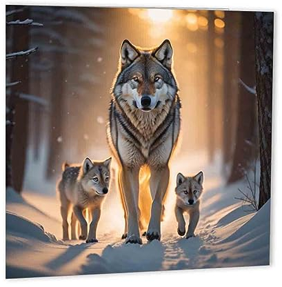 Grußkarte mit Wolf im verschneiten Wald, 147 mm x 147 mm