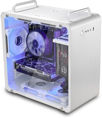 GOPIE Samll ITX pc case, T07 Portable Mini Tower Computer Chassis with Al-Alloy Handle, Gaming Desktop Computer Hosting case with Tempered Glass - Support MATX, Mini-ITX, Fans not Included - White