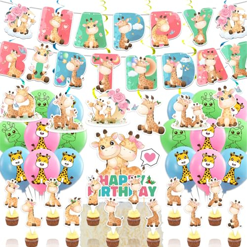 POMNUG Giraffe Geburtstag Dekorationen Party Supplies beinhaltet Banner Hängende Wirbel Kuchen Topper Cupcake Toppers Ballons für Tier Dekorationen,POMNUG-AB16