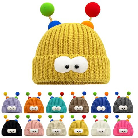 Monster-Tentakel-Mütze, Süße und Lustige Strickmütze, Niedliche Winter-Cartoon-Monster-Wollmütze mit Großen Augen (Yellow,OneSize)