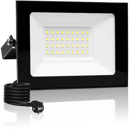 30W LED Strahler Außen Mit Stecker & 3M Kabel, 3000LM 3000K Warmweiß, IP66 Wasserdicht Fluter Flutlichtstrahler, Scheinwerfer Aussenstrahler Für Hof Garten Garage