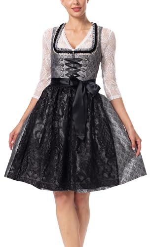 Dirndlparty Dirndl Damen, Trachtenkleid Midi 60cm Dirndl Damen Schwarz Dunkel mit Spitze Schürze Dirndlschürzen Dirndlkleid mit Seitentaschen für Oktoberfest Bavarian, Größe 38