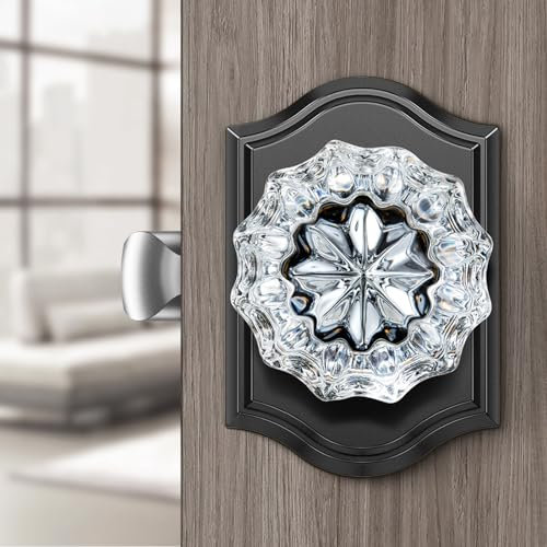 Calzibeno Crystal Door Knobs Interior, Black Glass Door Knobs with Lock for Privacy Use, Vintage Glass Crystal Doorknob for Interior Bedroom Bathroom Doors, Matte Black