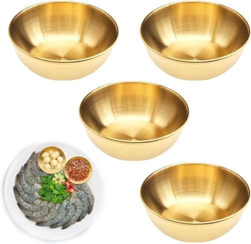 JLNGTHONG 4 Pcs Gold Stainless Steel Sauce Dip Bowls, Small Soy Sauce Dish Appetizer Plates, Sushi Seasoning Dipping Bowl