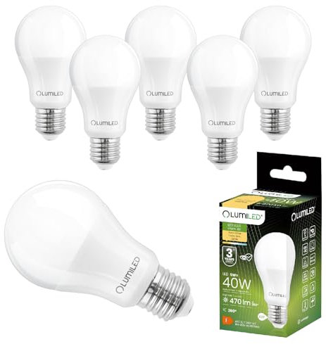 Lumiled A60 E27 LED Lampe, 5W (ersetzt 40W), 470 Lumen Leuchtmittel, 3000K Warmweiß Birnen Lampen, Nicht Dimmbar, 260° Grad Strahlwinkel Glühbirne 6er-Pack Energiesparlampe Tropfen