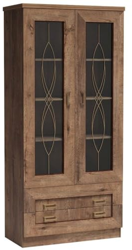 Lomadox Vitrinenschrank rustikal Vitrine Glasvitrine Standvitrine Glastüren 2 Schubladen Lefkas Eiche braun 90x190,5x40 cm