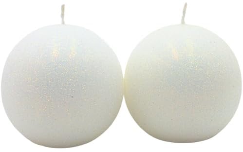 Dekohelden24 Hochwertige Handgemachte Glitterkerze, Dekokerze, Glitzerkerze, Tischkerze als Kugel - Kugelkerze im 2er Set in weiß, Lieferumfang 2 Kerzen, Größe L/B/H: ca. 8 x 8 x 8 cm.