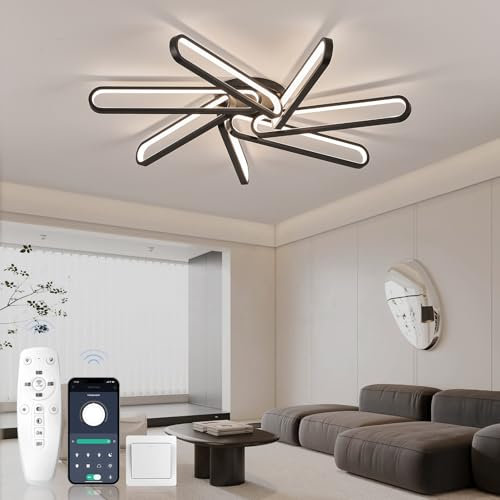 KSIBNW Deckenlampe LED Deckenleuchte Dimmbar 120W, 7 Ovalen Deckenlampe Wohnzimmer Schwarz mit Fernbedienung APP Deckenleuchte Schlafzimme Modern 7 Ring Deckenleuchte Wohnzimmer Esstisch 2700K-6500K