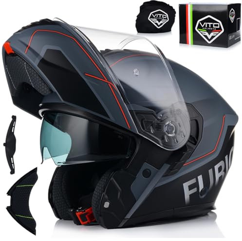 Klapphelm mit Sonnenblende | VITO Furio | Motorrad Helm Integralhelm | Motorradhelm Klappbar | ECE 22.06 Zertifiziert (XL (61-62cm))