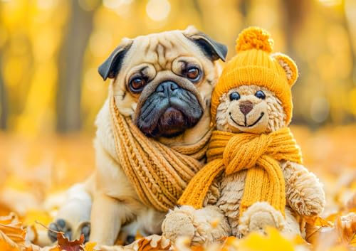 CALVENDO Poster 59,4 x 42,0 cm Querformat Mops und Plüschtierkumpel im Herbst.| Bilder, Kunstdruck, Wandbild, Wanddeko, Prints ohne Rahmen