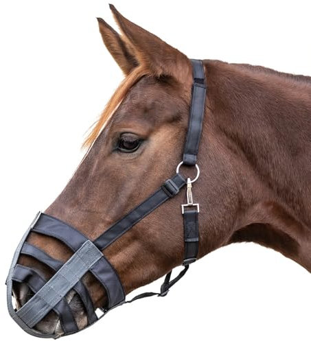 Marengos - Maulkorb Textil – Fressbremse Pferd & Pony – zur Kontrolle von Grasverzehr & bei Krankheit – gefüttert & stufenlos einstellbar – Fressschutz in Schwarz/Grau für großes Warmblut