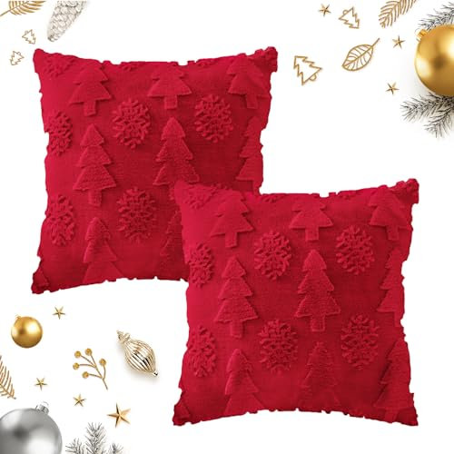 Weihnachts-Kissenbezug, Rote Weihnachts-Kissenhülle 45x45 cm, 2 Stück Weihnachtsbaum Schneeflocke Kissenbezug, Dekoration für Winterliche Weihnachten Erntedankfest Sofa Schlafzimmer Wohnzimmer