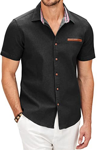 COOFANDY Mens Short Sleeve Shirts Denim Work Dress Shirts Plaid Collar Regular Fit Business Casual Shirt Cotton Non Iron Party Summer Beach Shirt Black XL