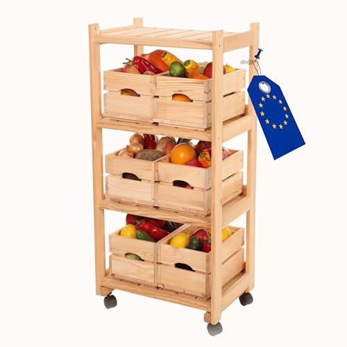 MODO24 Gemüseregal, Kistenregal mit 4 Ebenen, Holzregal mit Rollen, Küchenregal, Regal für Obst, Abmessungen 102x48x34cm, Holzfarben: Natur