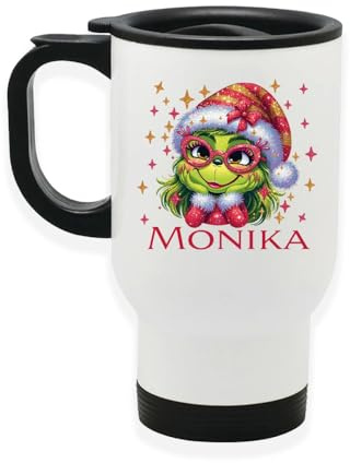muckki.de Edelstahl-Thermobecher mit Deckel Weihnachten Lady-Grinch 1 personalisiert weiß