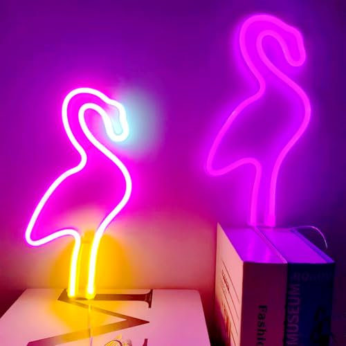 Flamingo Neonlichtschilder für Mädchen Schlafzimmer Nachttisch Wohnheim Wanddekoration,Neonlicht Flamingo Dekor LED Rosa Lampe Geschenke für Partys,Batteriebetrieben oder über USB betrieben(2Stück)