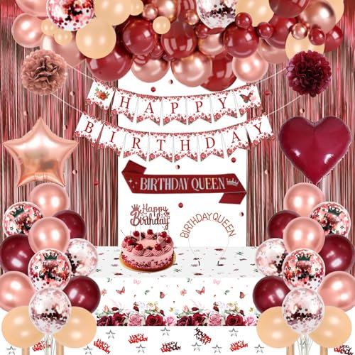 Geburtstagsdeko, Burgund Rot Rosegold Party Deko Set mit Happy Birthday Banner, Konfetti Luftballons, Schärpe und Geburtstagskrone, Tischdecke, Vorhang, Pompons für Frauen Mädchen Geburtstag Deko