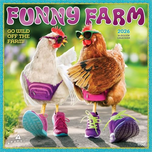 Avanti Funny Farm OFFICIEL | Calendrier mural mensuel carré 2026 12 x 24 pouces (30,5 x 61 cm) (suspendu) | Couverture estampée à chaud | Sans plastique | BrownTrout | Humour animalier Bétail