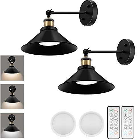 LABOREDUCER Black Battery Operated Wall Lights Set of 2 with Remote,Wireless Industrial Vintage LED Wall Sconce Lighting,Retro Rustic Wall Light Indoor for Bedroom Farmhouse Hallway Gallery Indoor