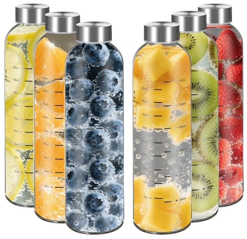 SIEROZUR Lot de 6 bouteilles de jus en verre transparent avec couvercles - 750 ml - Réutilisables avec bouchon en acier inoxydable - 100 % étanches - Sans BPA