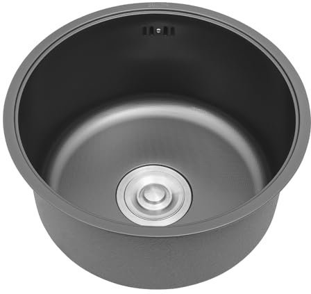 Fregadero de cocina redondo de 37,5 cm de diámetro, 40 x 20 cm de grosor, 1 mm, redondo, de acero inoxidable, con orificios de rebosadero, para autocaravanas