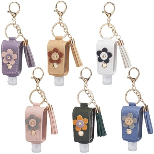 SUNNYCLUE 6er-Pack 6-farbige Schlüsselanhänger für Handdesinfektionsmittel, Mini-Flasche, 30 ml, PU-Kunstleder, Blumenmuster, tragbar, reisetauglich