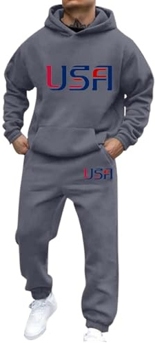 Duohropke Sportanzug Herren USA Flaggen Druck Trainingsanzug 2-Teiliges Hoodie und Cargohosen Einfarbig Zweiteilige Amerikanische Anzug Sweatshirt und Hosen Set Oversized Jogginganzug