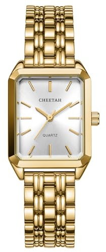 CHEETAH Uhr Damen Gold, Rechteckig Vintage Quartz Analog Armbanduhr Damen mit Edelstahlarmband Wasserdicht Kleine Armbanduhren für Mädchen