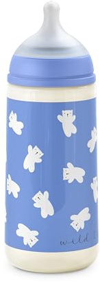 Suavinex, Biberon Anti Colique 360 ml avec Tétine Symétrique SX Pro en Silicone, Débit Dense (L), pour Liquides Épais, Convient aux Bouillies Liquides et Eau. Bébés +6 Mois. Wild&Free, Bleu