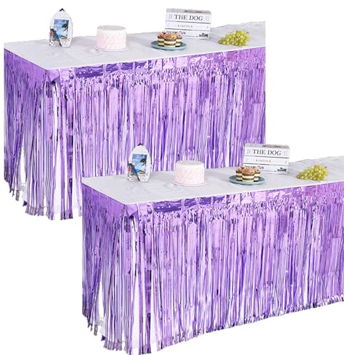 TSWNG 2 pezzi di pellicola di tinsel da tavolo, con frange, per tavolo, per feste, decorazione da tavolo, per matrimoni, compleanni, feste (viola chiaro, 275 x 75 cm)