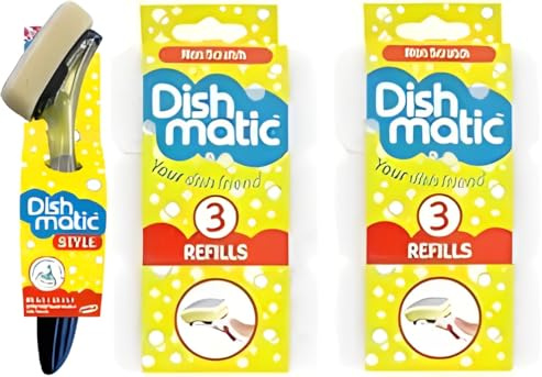 Washing Up Soap Dispensing Handle & DISHMATIC NON-SCRATCH REFILLS (3-Pack × 2, Total 6 Refills)