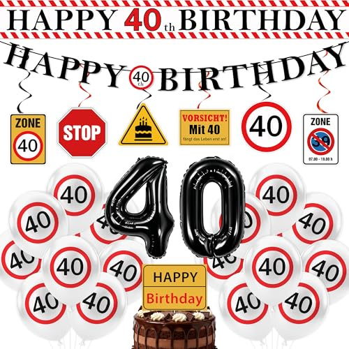 Decorazione per 40° compleanno, cartello stradale, decorazione per feste, striscione, ghirlanda decorativa da appendere, palloncini, 40° compleanno, per uomini e donne, accessorio tedesco e inglese