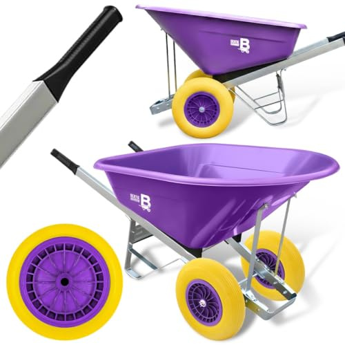 Bertie160L Big Wheelbarrow with Puncture Proof Solid Tyre (Twin Wheels) for Builders, Equestrian, Stable Yard, Construction Garden Cart & Outdoor Trolley for Soil & Gravel Purple
