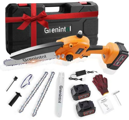 Mini Motosierra 8 Pulgadas, Motosierra a Batería con 2×3000mAh, Motosierra Eléctrica 1000W Brushless, Sierra de Cadena de Una Mano, Lubricación Automática, Poda y Madera