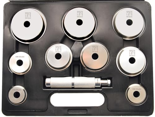 SW-Stahl 10140L Lager- und Dichtringmontagesatz - 10-teilig | Einschlagwerkzeug für Schrägrollenlager, Radlagerwechsel, 40-81 mm Druckscheiben, Aluminium CNC-gedreht in Kunststoffkassette