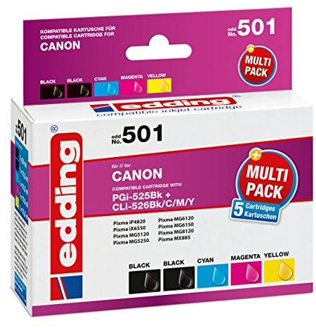 edding Druckerpatrone EDD-501 - Multipack 5 - 2x Schwarz, Cyan, Magenta, Gelb - 1x 20 ml + 4x 10,5 ml - Reichweite 1x 440 4x 660 Seiten - Ersetzt Canon PGI-525/CLI-526BK/C/M/Y