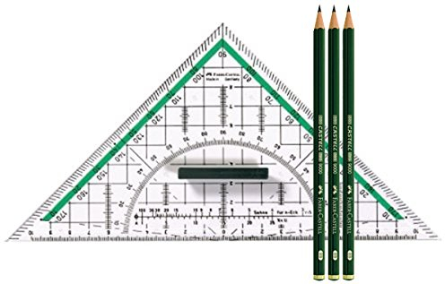 Faber Castell 177090 - Zeichendreieck groß, mit Griff (1, Inkl. 3 Bleistifte [HB] Castell 9000)