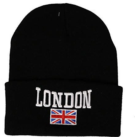 Number1Gifts [UK Seller] Unisex Union Jack UK Flag Knitted Ski Winter Beanie Hat British Design GB Ski Skull Hat UK New Knitted Union Flag Pattern (BLACKLONDON)