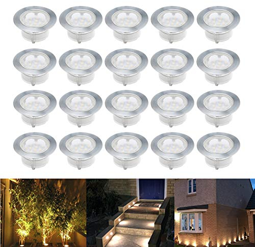 Treppen Bodeneinbaustrahler 20er Set, IP67 Wasserdicht Terrassen Einbaustrahler Ø60mm Aussen LED Bodeneinbauleuchten, DC 12V 1.5W Terassen Küche Garten LED Einbaustrahler, Warmes Weiß