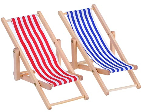 Bememo Chaise de plage pliante miniature en bois à rayures rouges et bleues pour intérieurs et extérieurs (pack de 2)