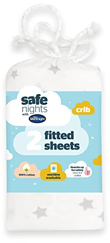 Silentnight Safe Nights Fitted Sheet - Crib Mattress - Breathable 100% Cotton Jersey – Super Soft Kind to Baby Skin - 90x40cm - Secure Fit with Elasticated Corners - 2 Pack, Grey Stars