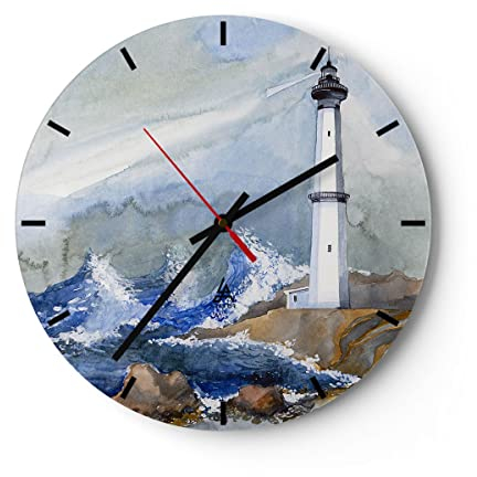 ARTTOR Modern Wanduhr Leuchtturm Wasser Illustration Welle 40x40cm Rund Groß Wand Uhr Glas Analog Zimmeruhren Küche Büro Wohnzimmer Glasuhr Wall Clock Dekoration Design Küchenuhr C3AR40x40-2997