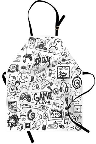 ABAKUHAUS Videospiele Kochschürze, Monochrome Sketch Stil Gaming Design Racing Monitor Gerät Gadget Teen 90er Jahre, Farbfest Höhenverstellbar Waschbar Klarer Digitaldruck, Weiß Schwarz