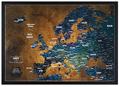 Europakarte Pinnwand mit pins - Reisekarte mit 100 Stecknadeln - Europa Pinnwand Kork - 53x3x43 cm - Gerahmte Karten mit Pinnadeln, Hergestellt in der EU