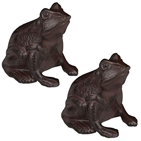 Relaxdays 2 x Gartenfigur Frosch, sitzend, aus Gusseisen, antike Optik, wetterfest, Gartendeko, Balkon, Froschfigur, braun