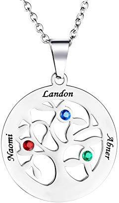 HooAMI Collier Gravure Personnalisé 1-7 Prénom Et Pierres de Naissances Pendentif Arbre de La Vie Bijoux pour Femme Homme Cadeau Saint Valentin Anniversaire