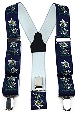 TigerTie Unisex Hosenträger in Y-Form mit 3 extra starken Clips - Farbe in marine grün weiß gelb mit Edelweißmotiv - hochwertige Verarbeitung - Breite 35 mm