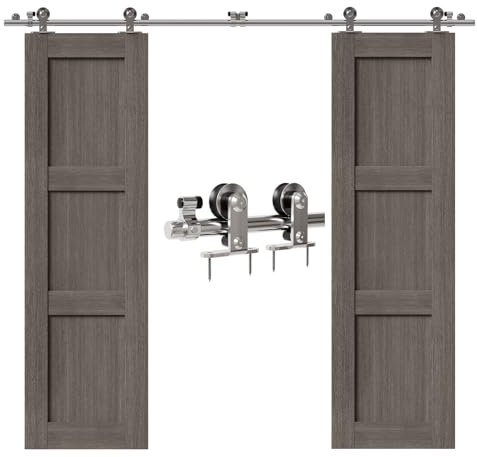 CCJH 8FT/244cm Stainless Steel Sliding Barn Wood Door Hardware Track Kit Top T Mount Roller Hanger Set for Double Door
