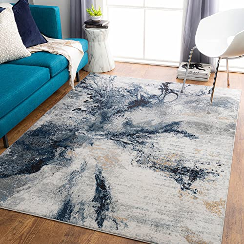 Surya New York Wohnzimmer Teppich modern – Abstrakt Design in Marmor Optik für Wohnzimmer 220x274 cm, Esszimmer, Schlafzimmer - Marmor Teppich groß, weicher Teppich Kurzflor in Blau, Grau und Beige