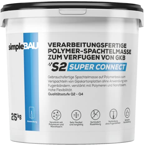 simpleBAU Spachtelmasse 25 kg – Polymerbasierte Fertigspachtel für Gipskartonplatten – ohne Fugendeckstreifen – Gebrauchsfertige Reparaturspachtelmasse Innen für Wände und Decken – Rissfest, Weiß